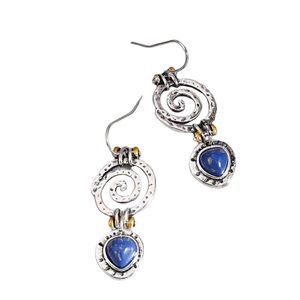 Boho Antique Silver Swirl and Blue Stone Drop Earrings